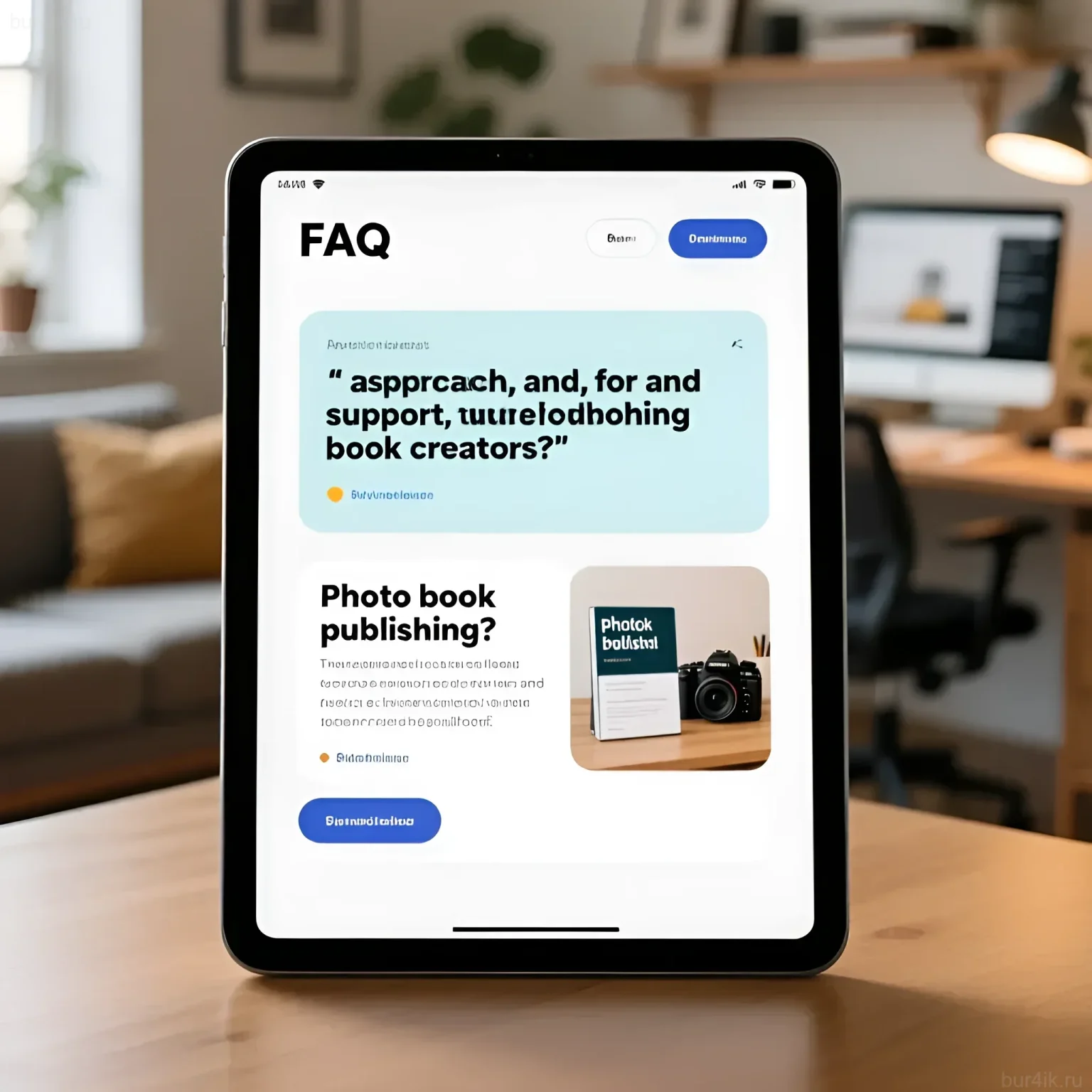Изображение iPad с интерфейсом раздела FAQ по изданию фотокниг, демонстрирующее удобство и доступность информации для авторов.