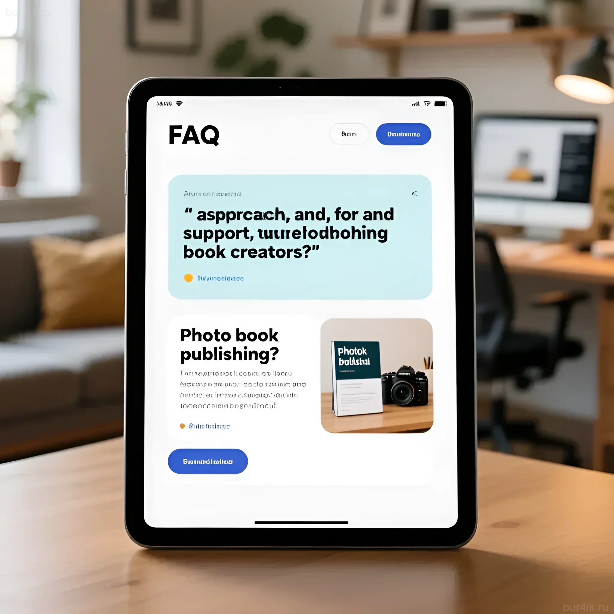 Изображение iPad с интерфейсом раздела FAQ по изданию фотокниг, демонстрирующее удобство и доступность информации для авторов.