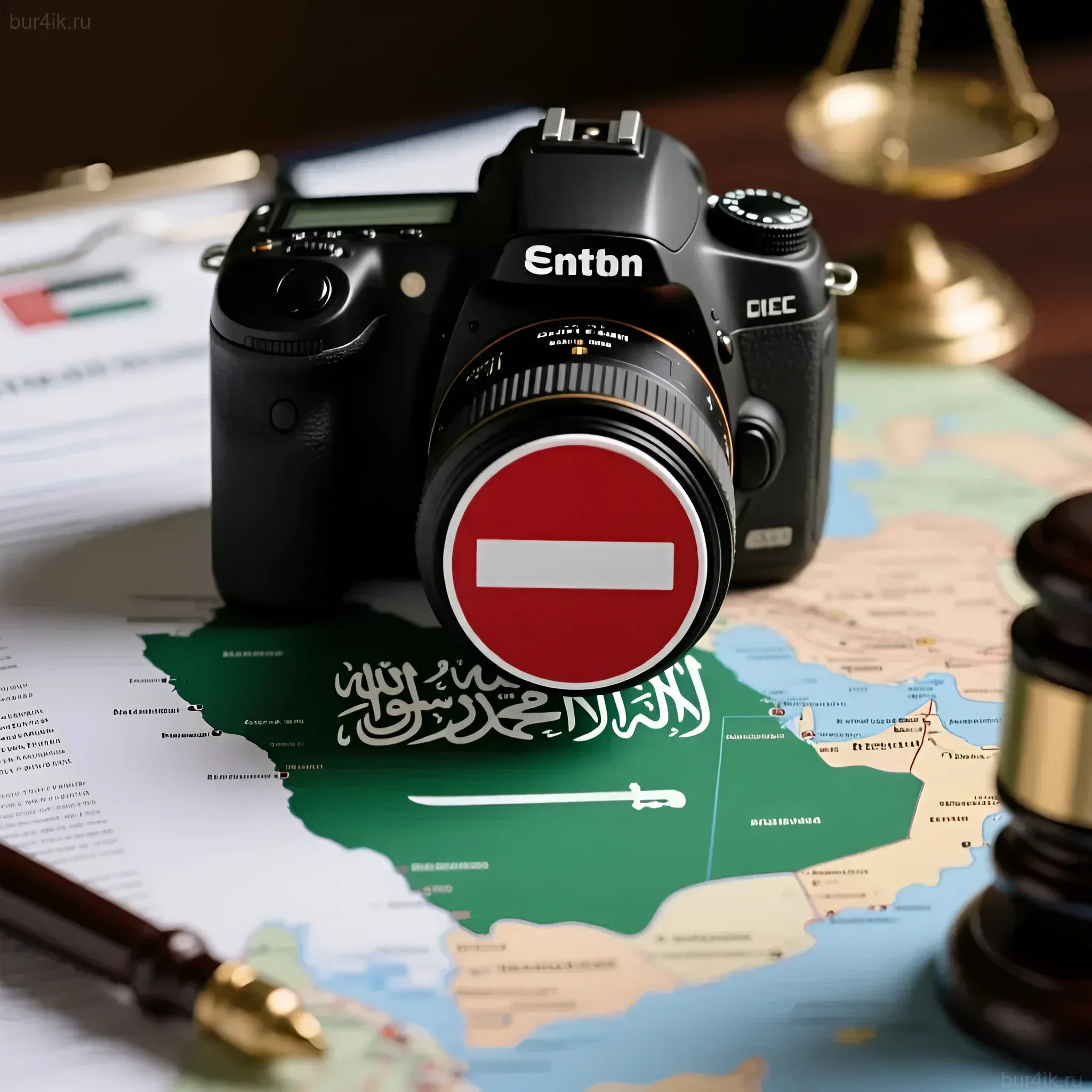 Фотография профессиональной камеры на карте Саудовской Аравии. Иллюстрация к статье о правилах фотосъемки в мусульманских странах, этикете и законах.