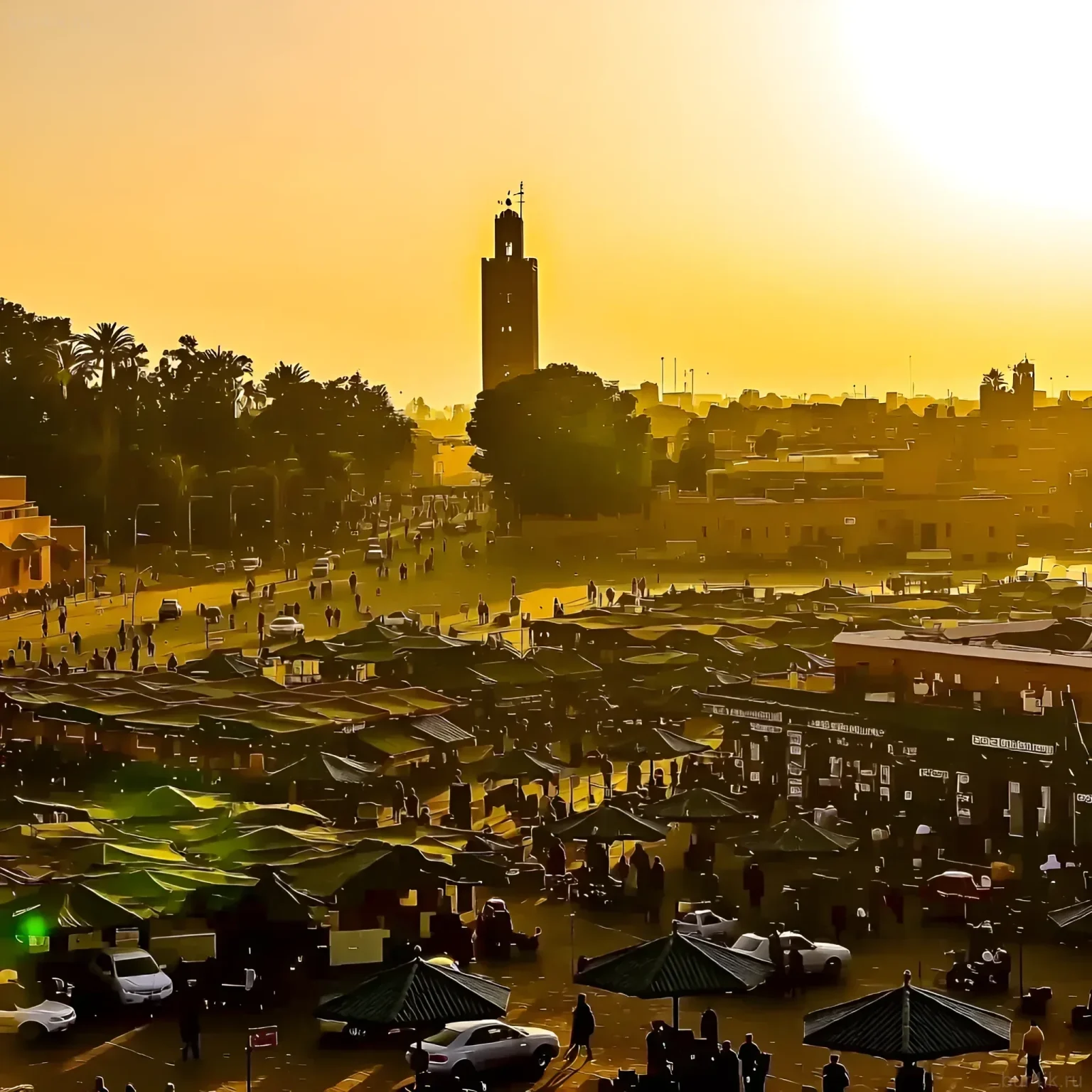 Фотография площади Джемаа-эль-Фна в Марокко, залитой теплым закатным светом. Оживленная сцена с торговцами, людьми и минаретом мечети Кутубия.