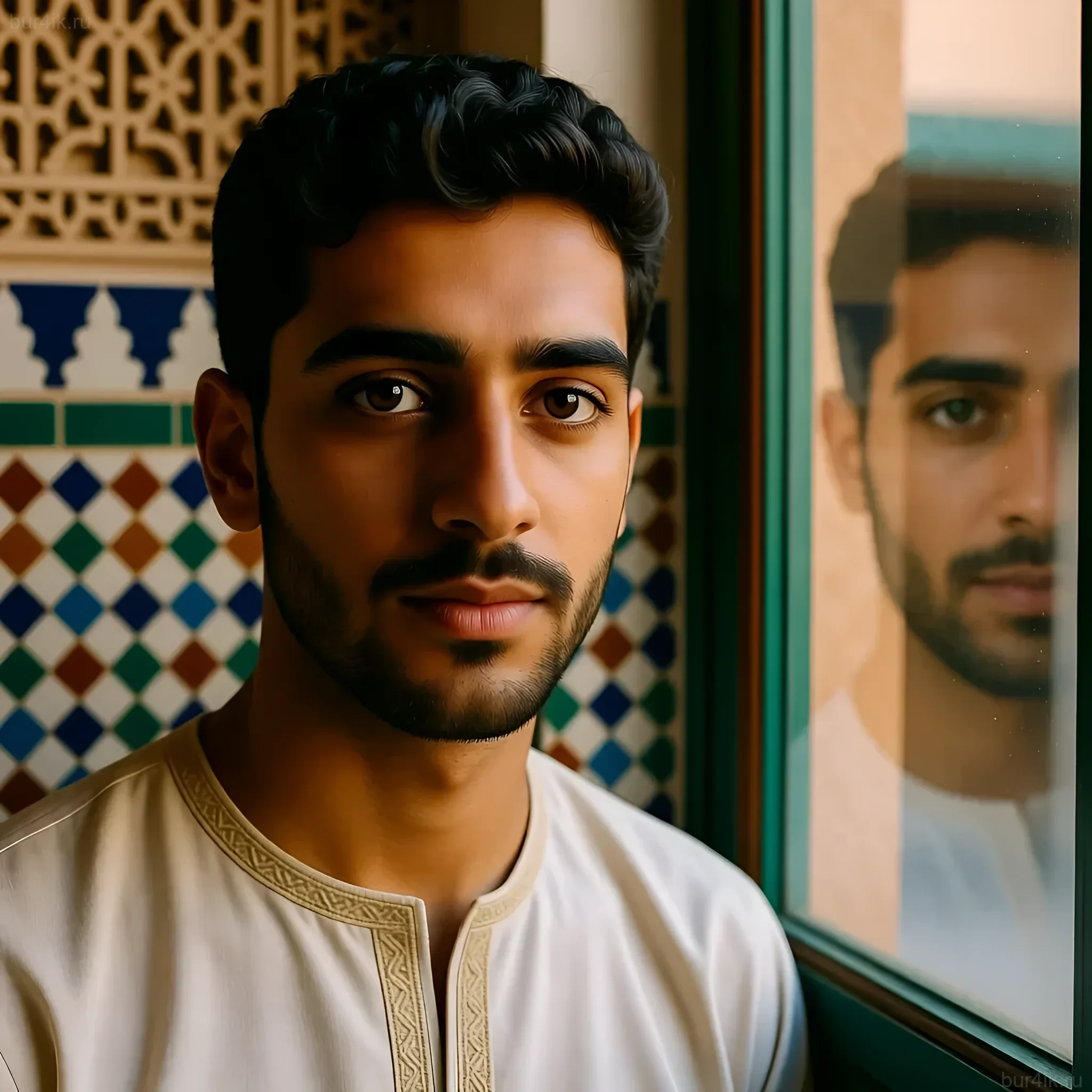 Задумчивый портрет молодого марокканца у окна с традиционными узорами. Фотография демонстрирует уважительное отношение к культуре и моделям.