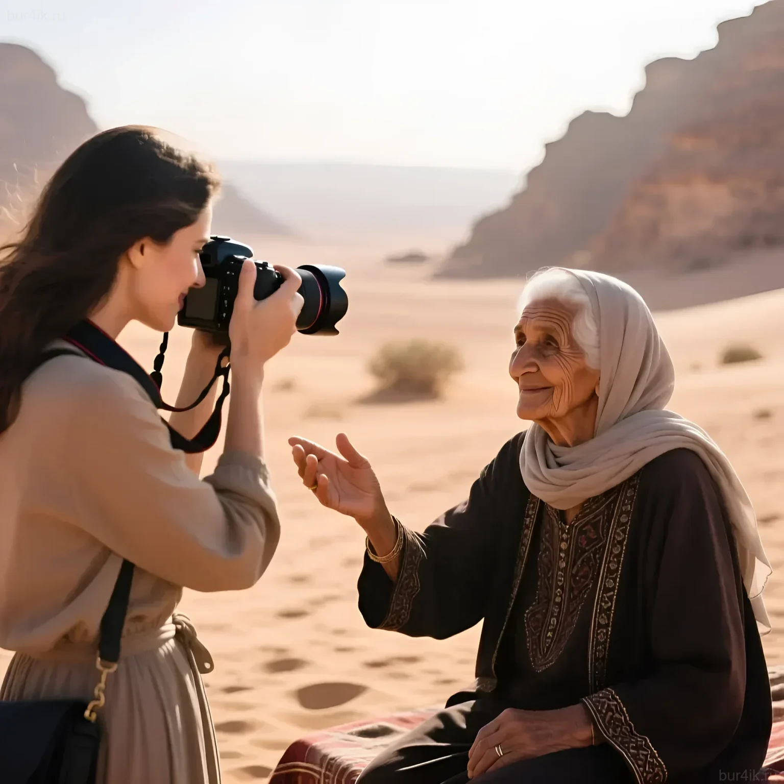 Фотография, иллюстрирующая уважительное взаимодействие фотографа с местной жительницей в Петре, Иордания. Подчеркивает важность этики в фотосъемке.