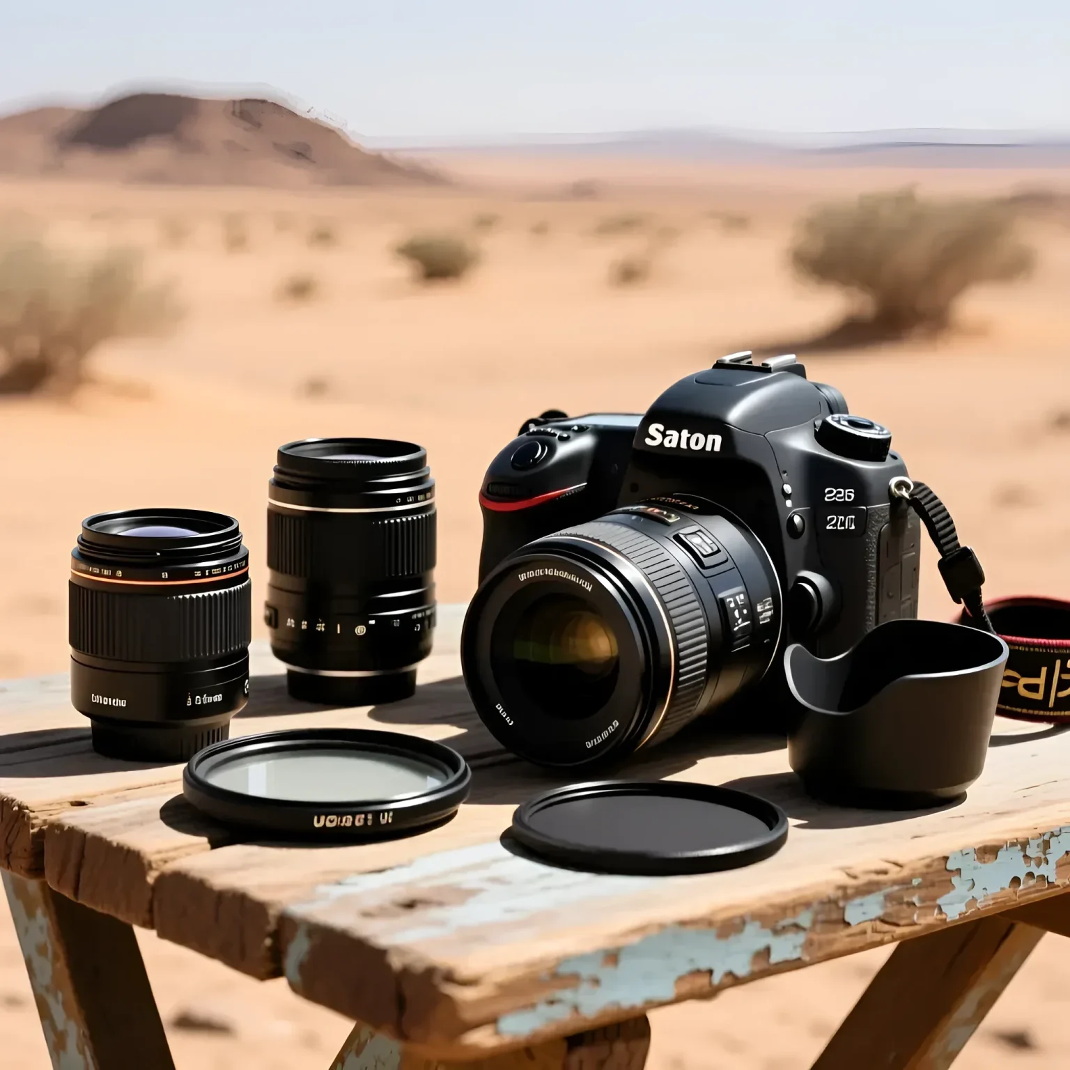 Фотоаппарат Canon EOS 250D и объективы на фоне пустынного пейзажа. Иллюстрация к статье о фотосъемке в мусульманских странах.