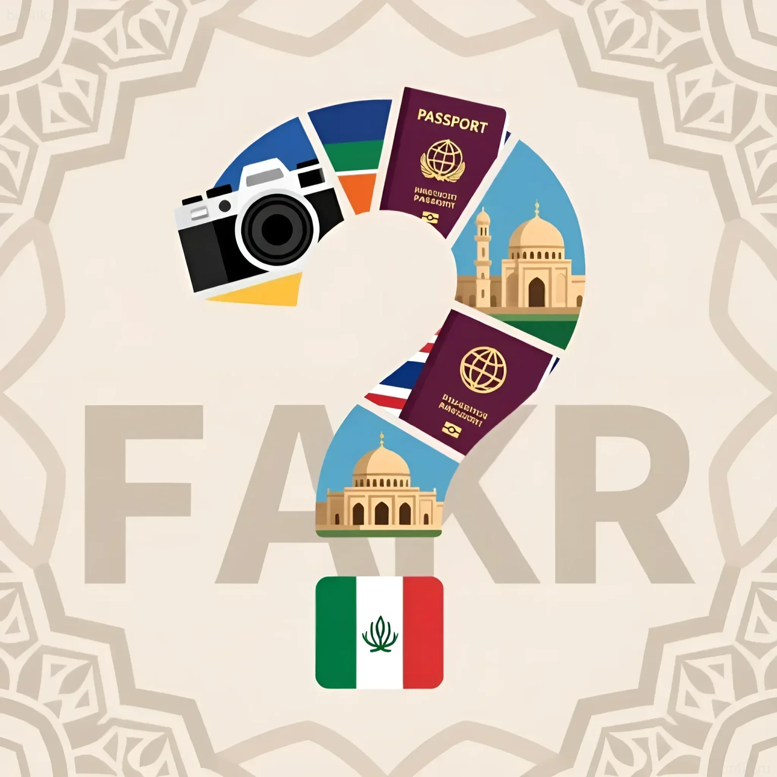 Иллюстрация для статьи о фотосъемке в мусульманских странах: паспорта, камера, флаги Ирана и ОАЭ, архитектура.