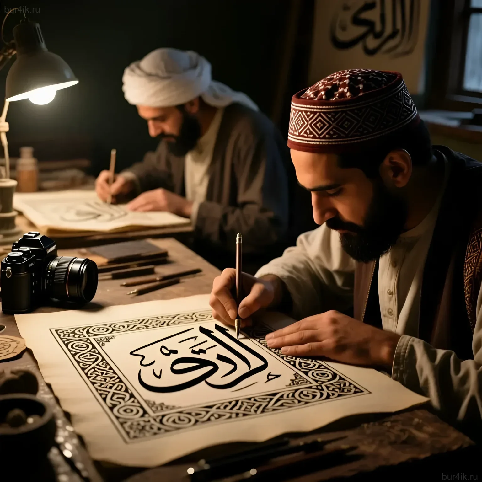 Фотография двух мастеров каллиграфии, работающих над сложным арабским текстом. Изображение демонстрирует уважение к исламской культуре и искусству.