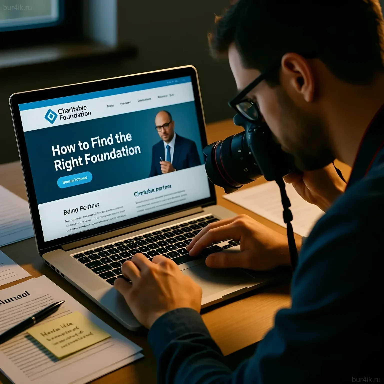 Иллюстрация к статье о сотрудничестве фотографов с благотворительными организациями. Мужчина ищет подходящий фонд для реализации совместного проекта.