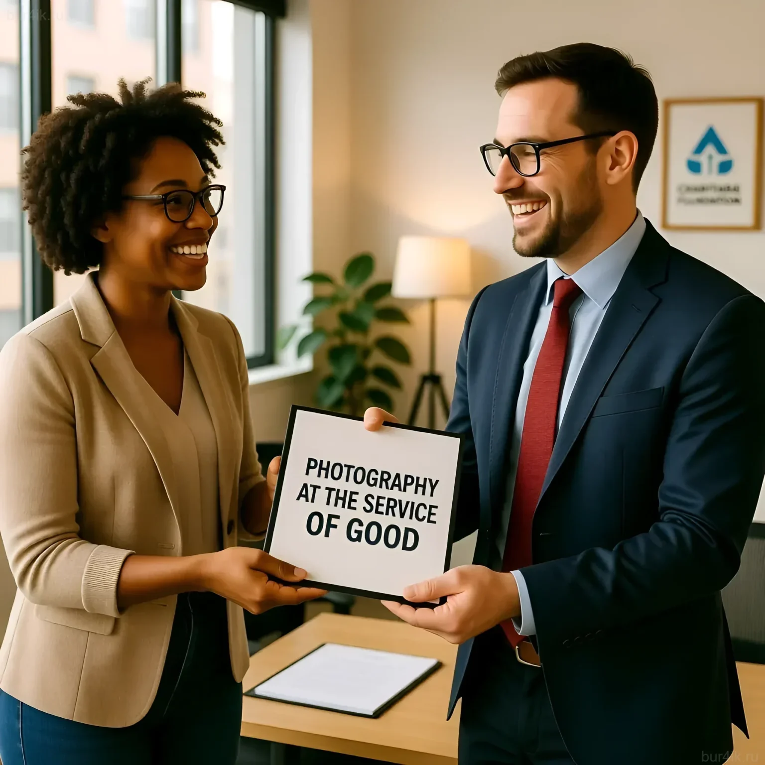 Изображение демонстрирует успешное сотрудничество фотографа и представителя благотворительного фонда, подчеркивая силу визуального сторителлинга в привлечении внимания к добрым делам.