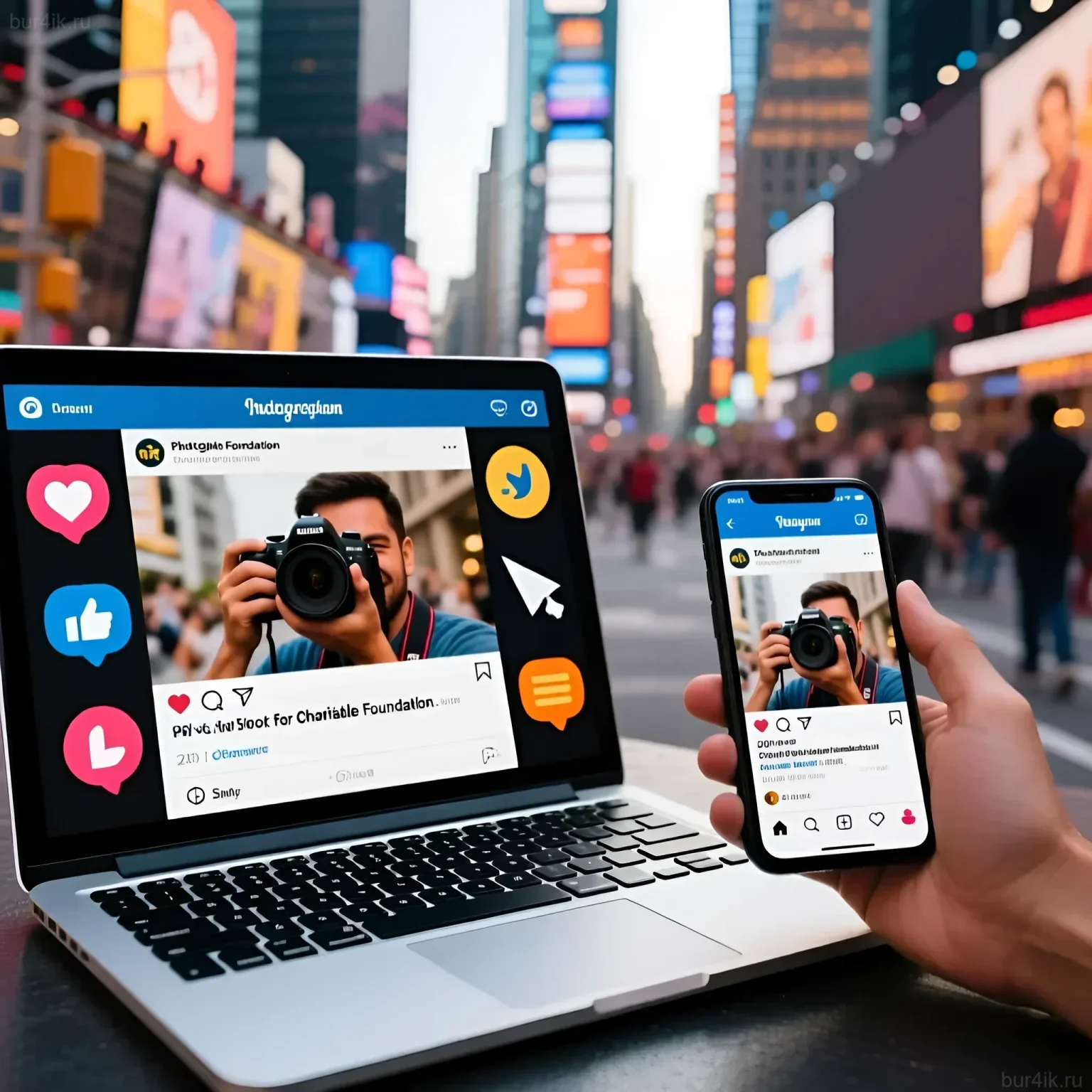 Изображение демонстрирует успешную PR-кампанию фотографа, сотрудничающего с благотворительным фондом, с акцентом на вовлечение аудитории в социальных сетях.