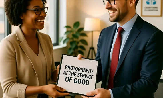 Изображение демонстрирует успешное сотрудничество фотографа и представителя благотворительного фонда, подчеркивая силу визуального сторителлинга в привлечении внимания к добрым делам.
