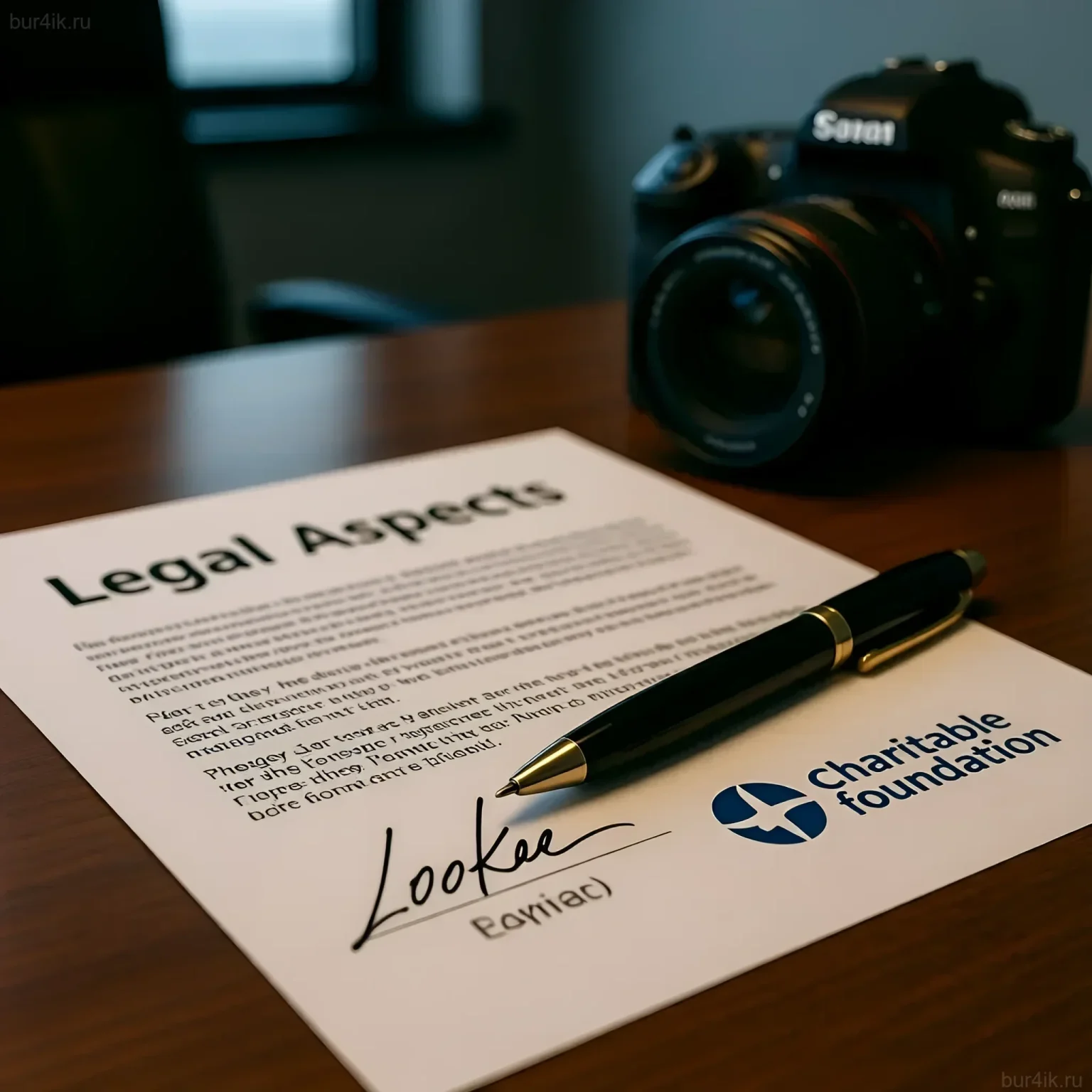 Изображение подчеркивает важность юридического оформления сотрудничества фотографа и благотворительного фонда, акцентируя внимание на договоре и авторских правах.