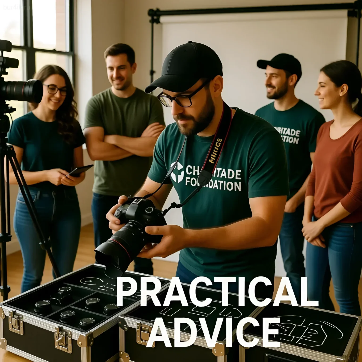Фотография демонстрирует профессионального фотографа, работающего на съемке для благотворительного фонда, подчеркивая важность визуального сторителлинга.