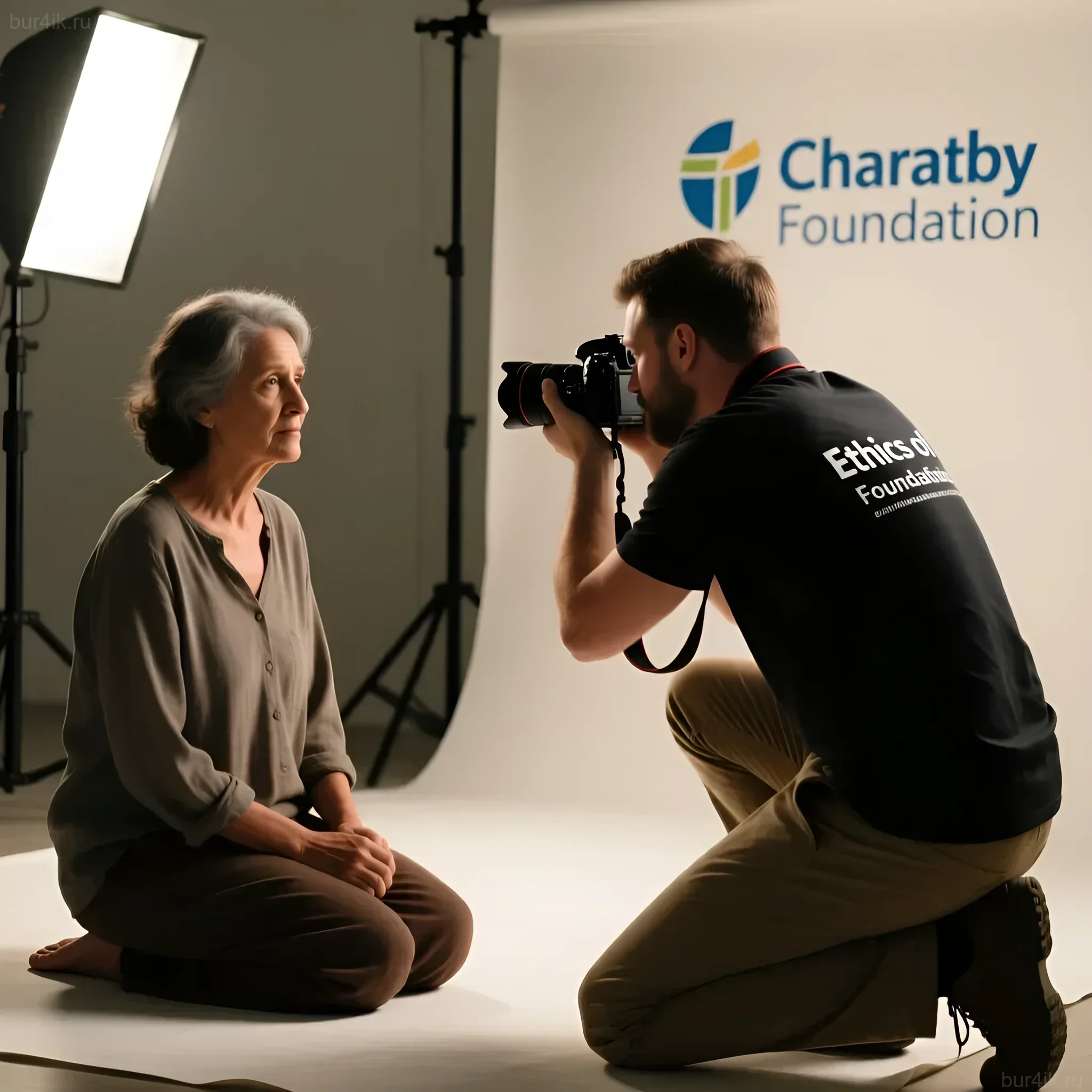 Фотография, иллюстрирующая работу фотографа с пожилой женщиной для благотворительного фонда. Подчеркивает этичность и деликатность в съемке.