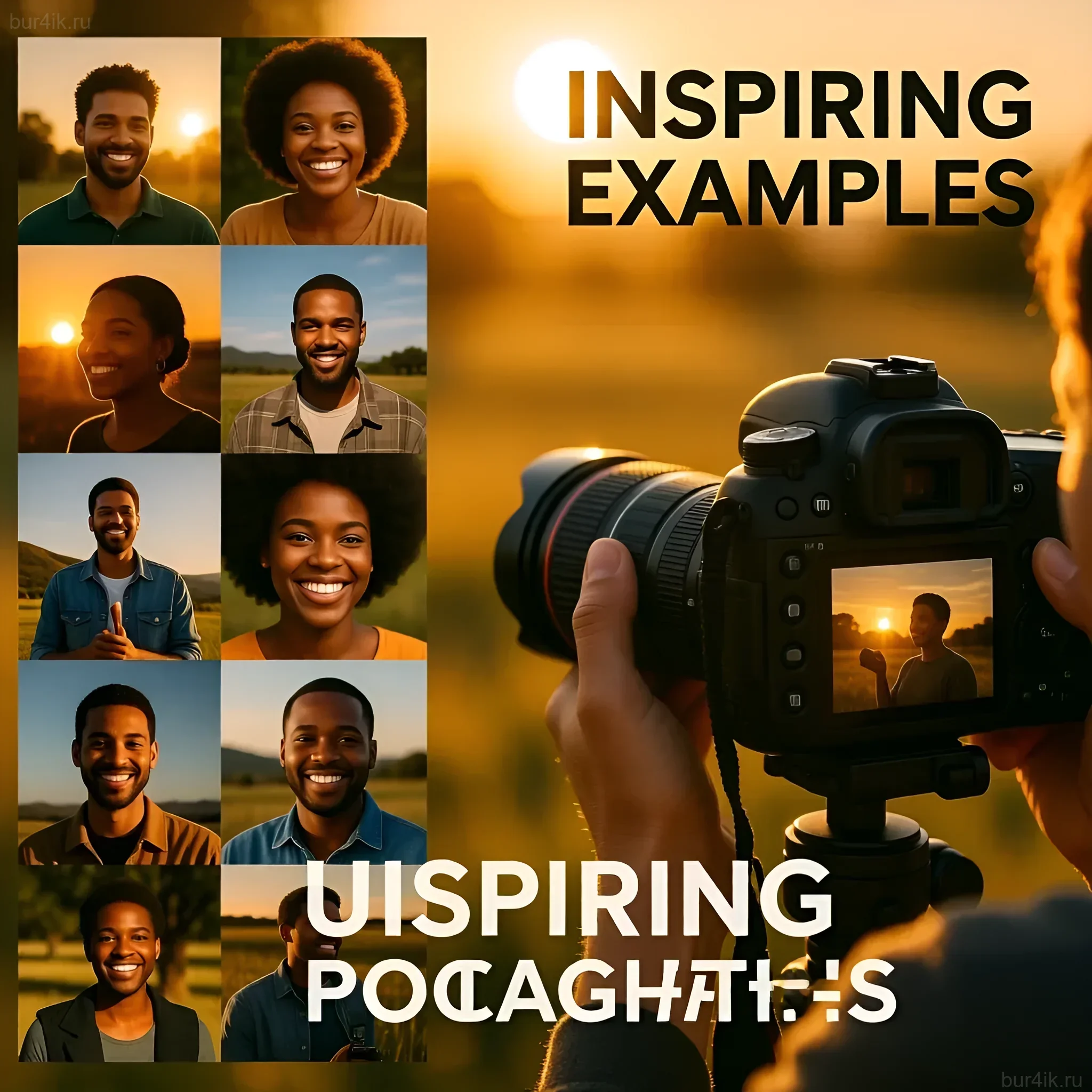 Иллюстрация, демонстрирующая силу фотографии в благотворительности: портреты людей и фотограф за работой. Подчеркивает социальную значимость искусства.