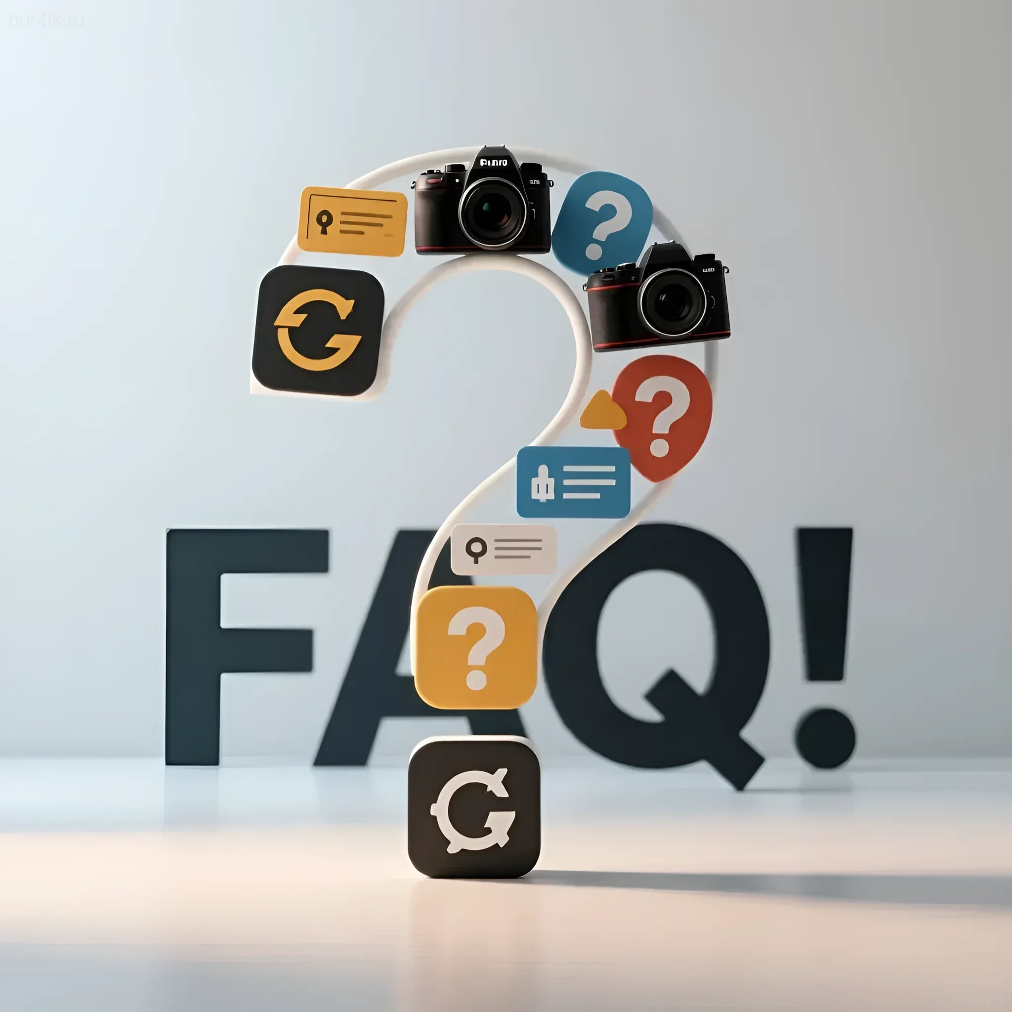 Иллюстрация для статьи о сотрудничестве фотографов с фондами: вопросы, камеры, иконки. Подчеркивает важность визуального сторителлинга в благотворительности.